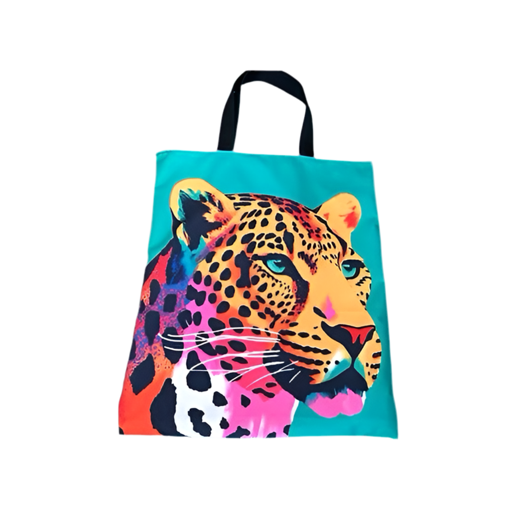 Water Resistant Reusable Handmade Shopping Tote Bag featuring The Leopard