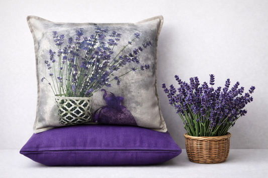 English Lavender Cotton Drill Cushion with Purple Linen Reverse