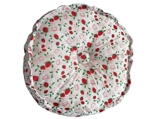 Bella Berry Nook: Round Strawberry Print Cushion Handmade Cottage Style Home Decor