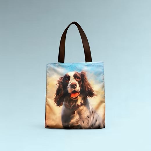 Water Resistant Reusable Handmade Shopping Tote Bag featuring The Spaniel