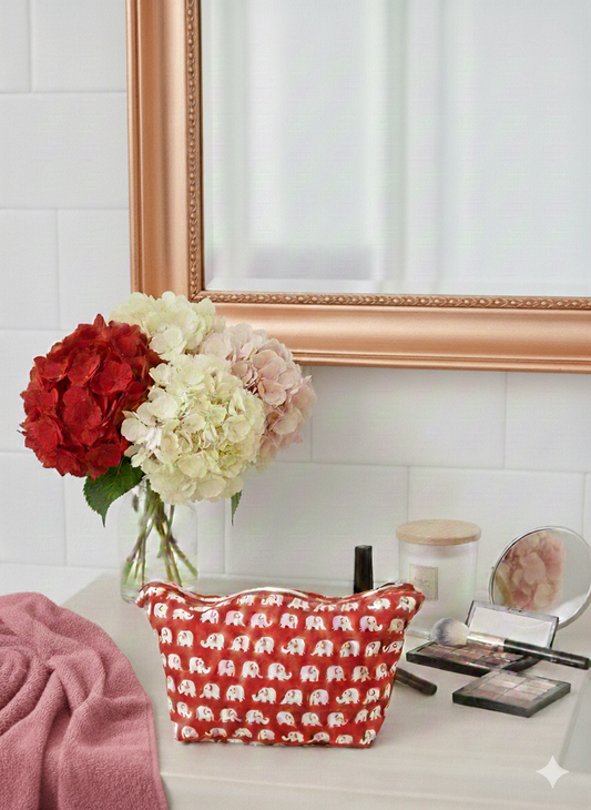 Handmade Medium Cotton Makeup Bag – Vibrant Red with White Elephants