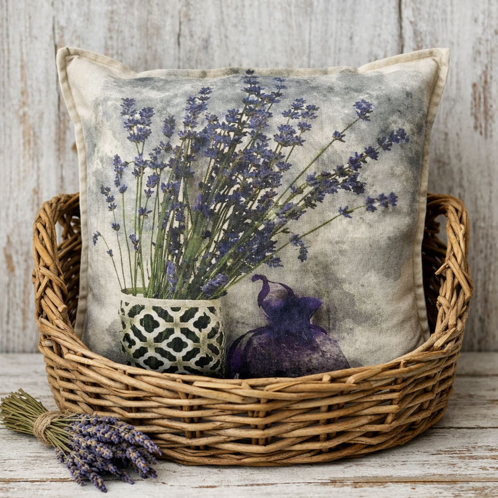 English Lavender Cotton Drill Cushion with Purple Linen Reverse