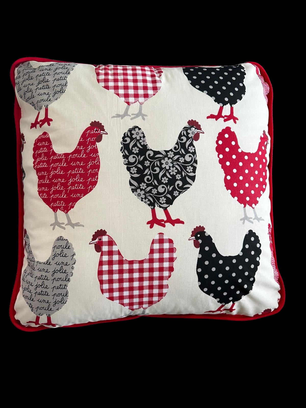 Rustic Style Country Hen Handmade Reversible Cushion with Red Piping Edge