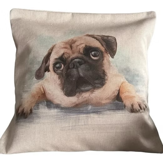 Pug Pawsitively Playful in Natural Cotton Linen Blend Handmade Cushions