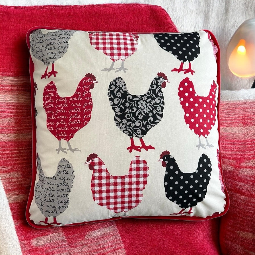 Rustic Style Country Hen Handmade Reversible Cushion with Red Piping Edge