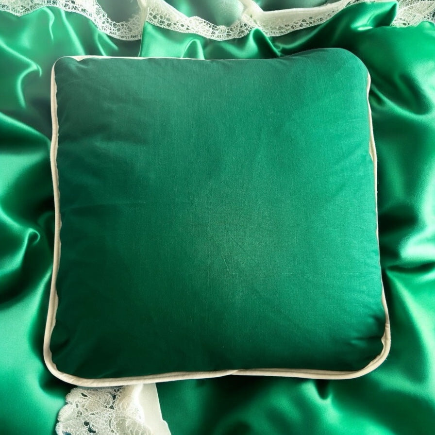 Rich Emerald Green Cotton Cushions in Cotton - Ivory Piped Edge