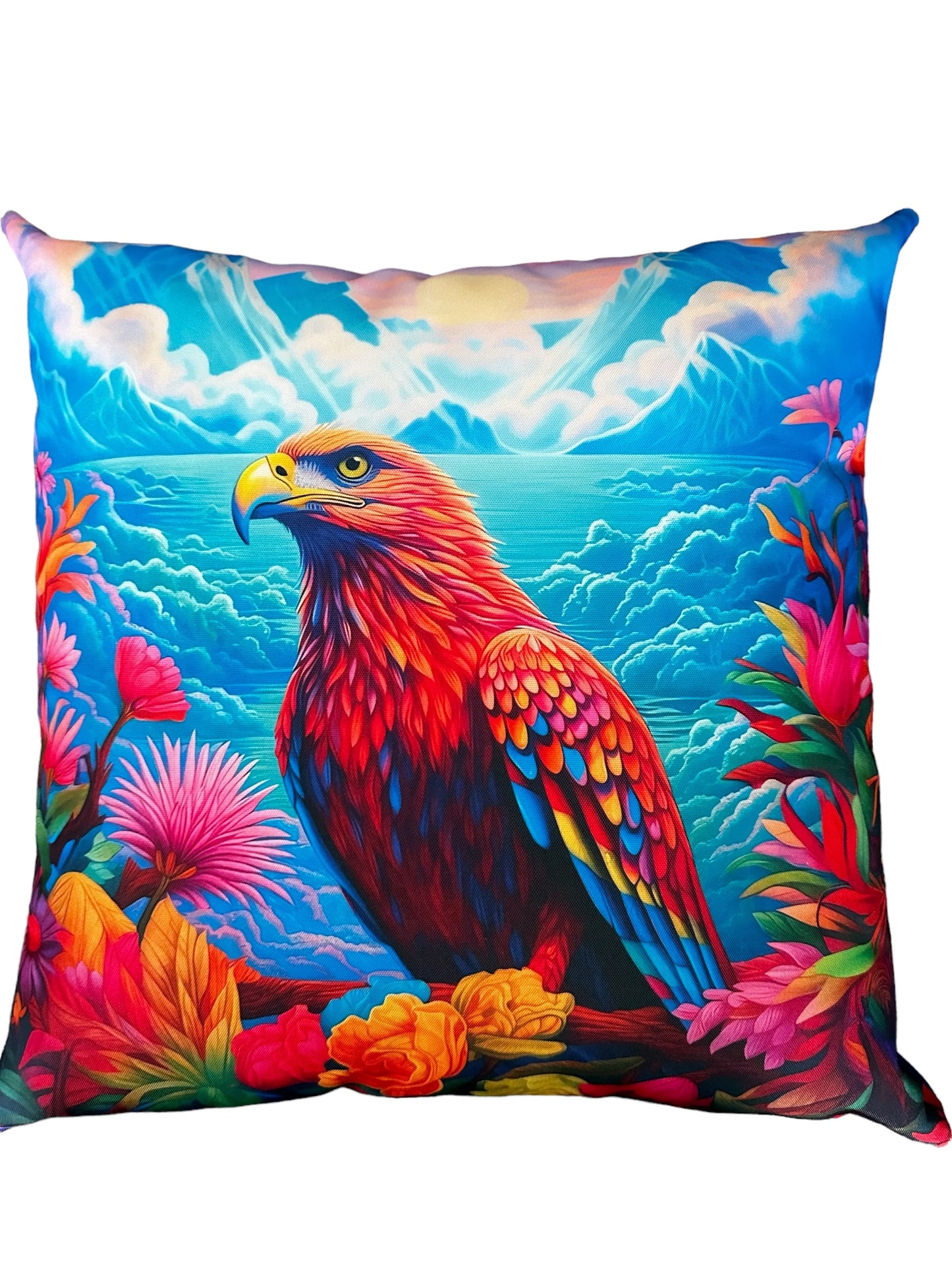Fun Outdoor Cushion Vibrant Eagle Handmade Water Resistant and Reversible