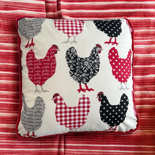 Rustic Style Country Hen Handmade Reversible Cushion with Red Piping Edge