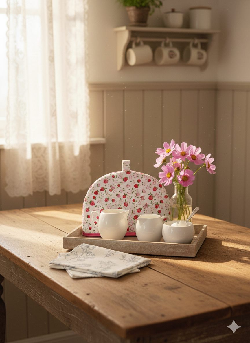 Small Cottage Style Tea Cosy in Strawberries and Pink