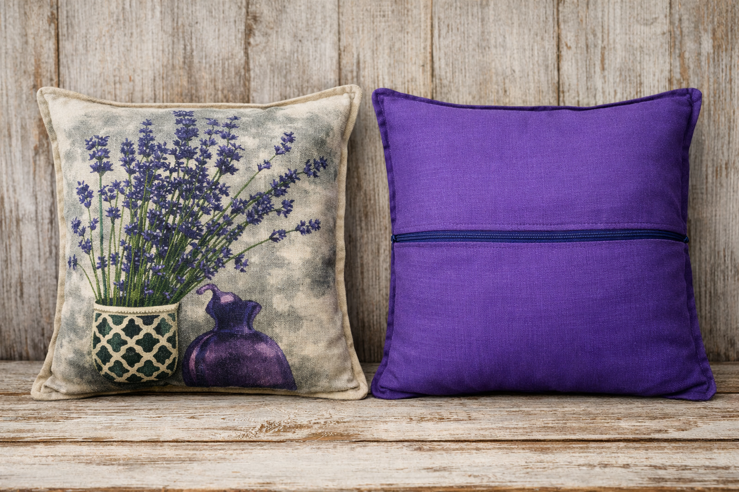 English Lavender Cotton Drill Cushion with Purple Linen Reverse