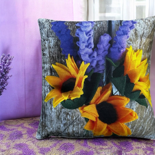 Rustic Style Cushion Cover with Vibrant Summer Flowers Handmade in Natural Look Cotton Drill Fabric