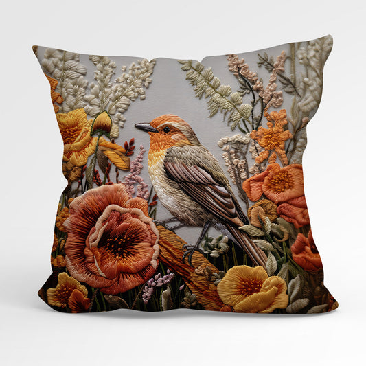 Sumptuous Autumn Robin Embroidered Look Upholstery Velvet Reversible Cushion