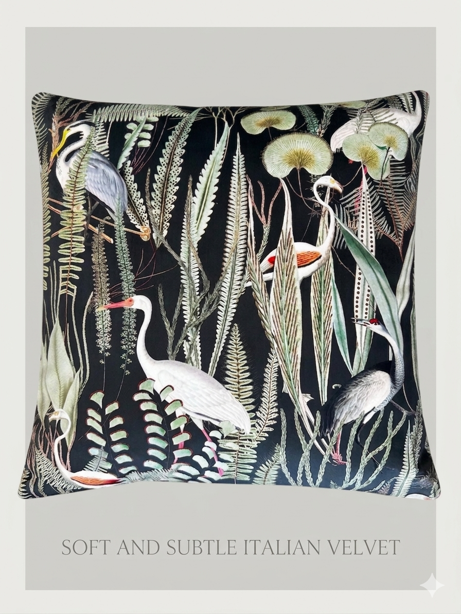 The Exotic Crane: Luxury Soft Italian Velvet Botanical Handmade Cushion with Herringbone Reverse