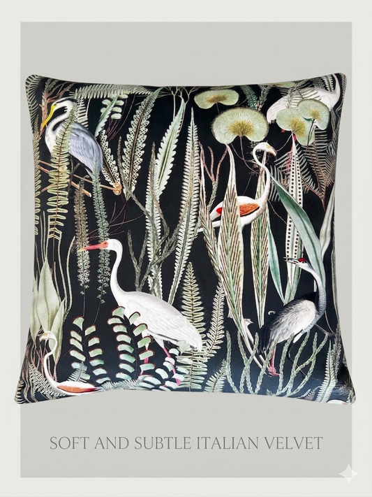 The Exotic Crane: Luxury Soft Italian Velvet Botanical Handmade Cushion with Herringbone Reverse
