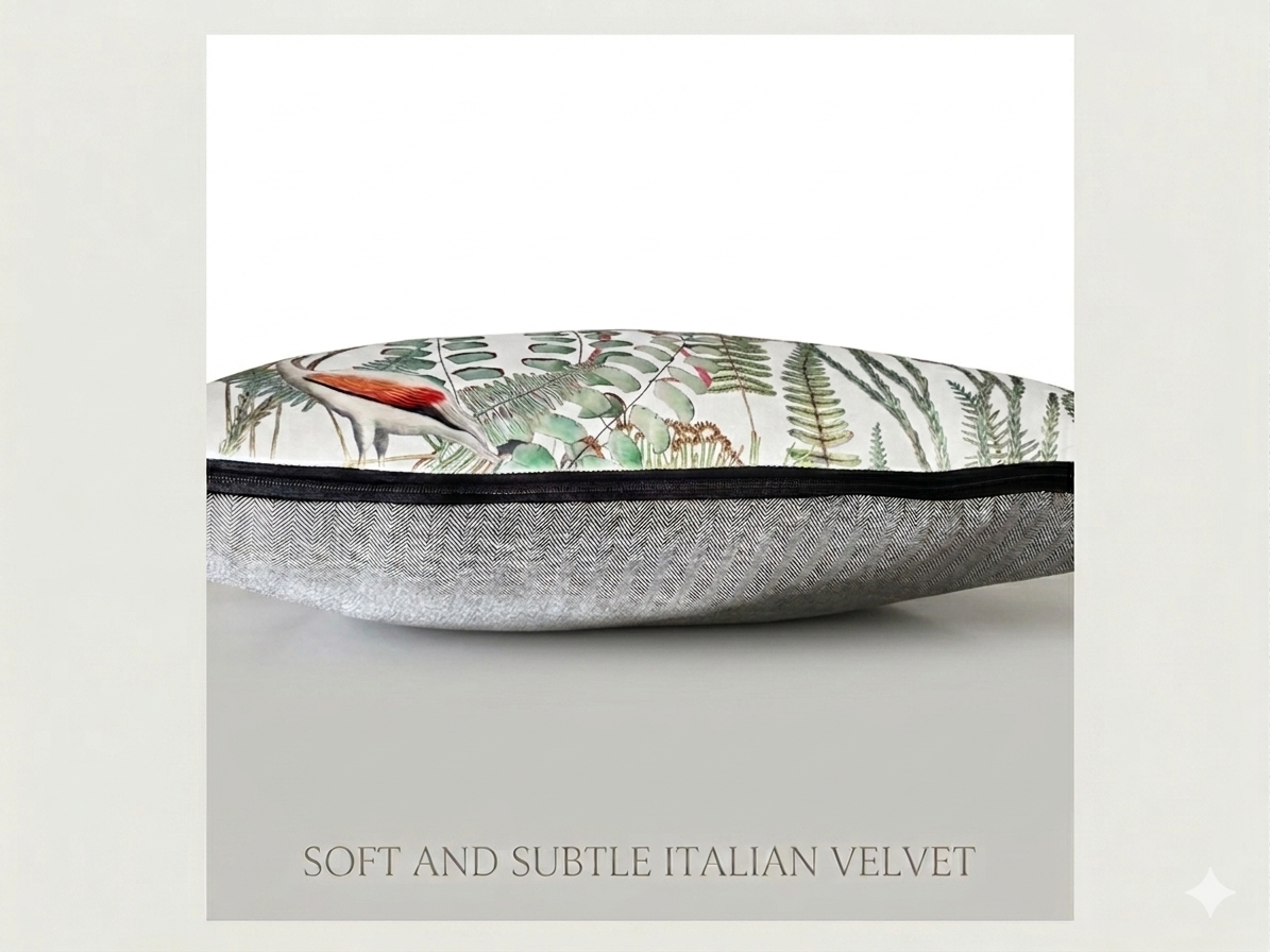 The Exotic Crane: Luxury Soft Italian Velvet Botanical Handmade Cushion with Herringbone Reverse